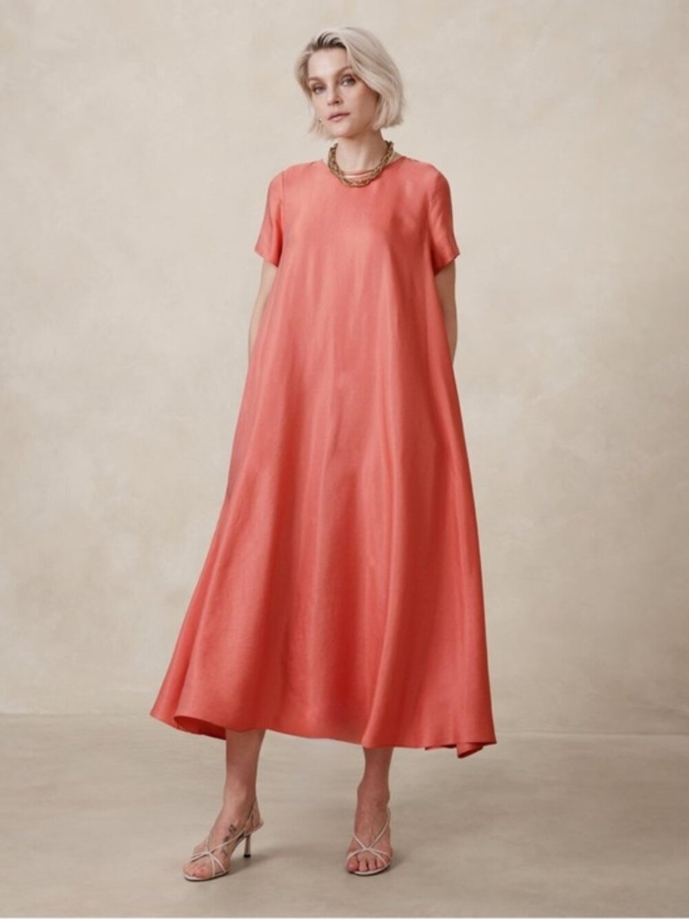 Banana Republic Aurelia Linen Blend Maxi Dress Size S Coral A-Line Trapeze